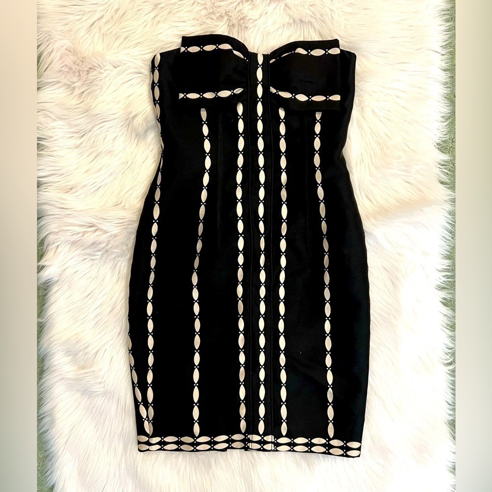 TRACEY REESE New York strapless BOW dress black & tan form fitting sexy medium